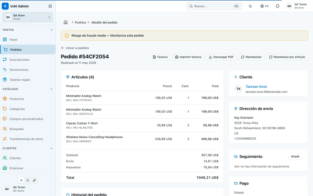Order detail in the InAI Shop admin with line items, totals and a status timeline.
