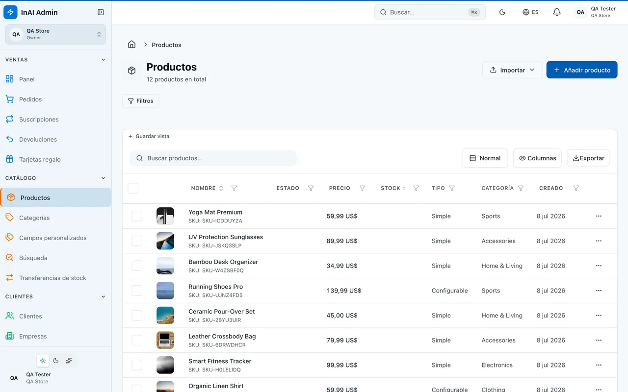 Product list in the InAI Shop admin: photos, prices, stock and categories of twelve demo products.