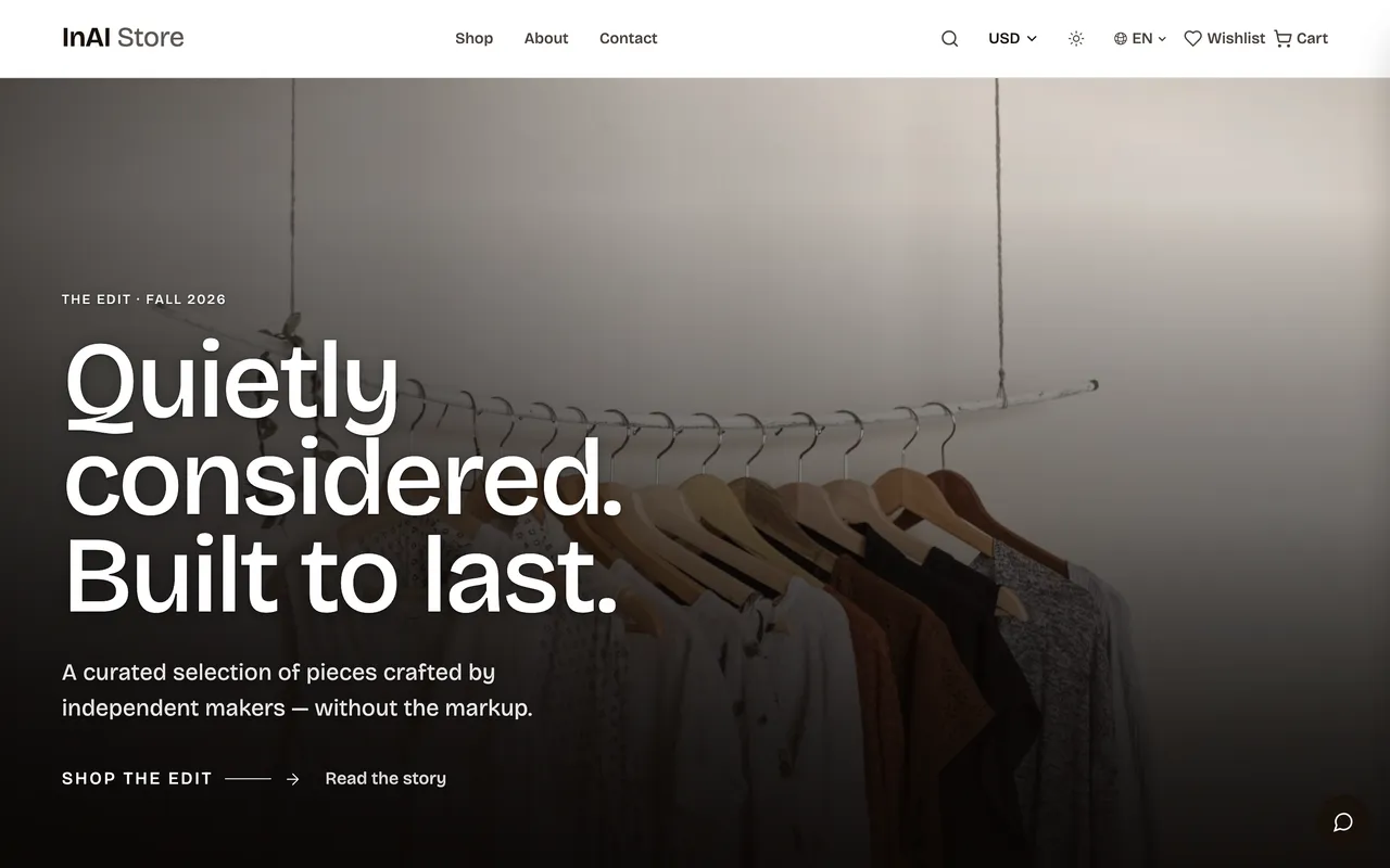 Home page of a demo storefront built with InAI Shop: hero, featured products and navigation.